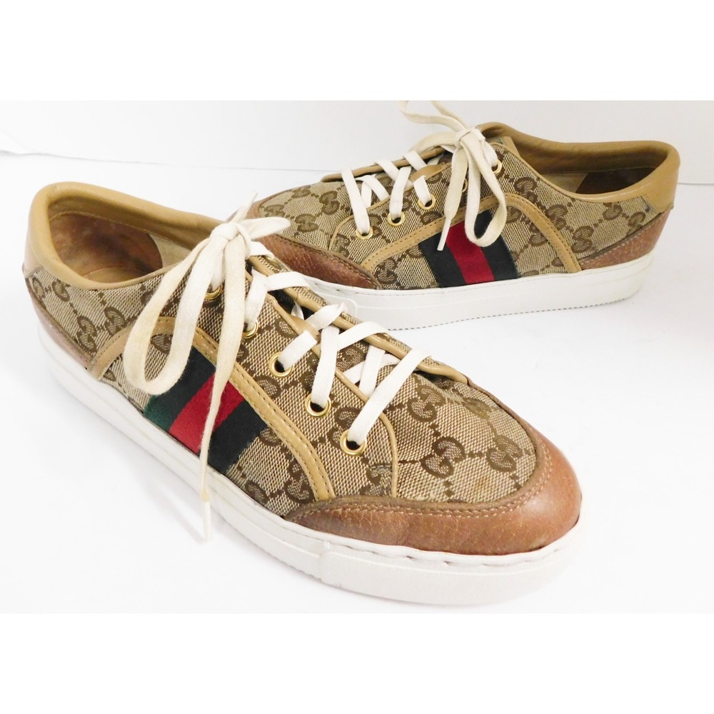 Gucci Ace Red Green Stripe GG Brown Canvas Leather Low-Top Sneakers 38 G - Picture 1 of 7